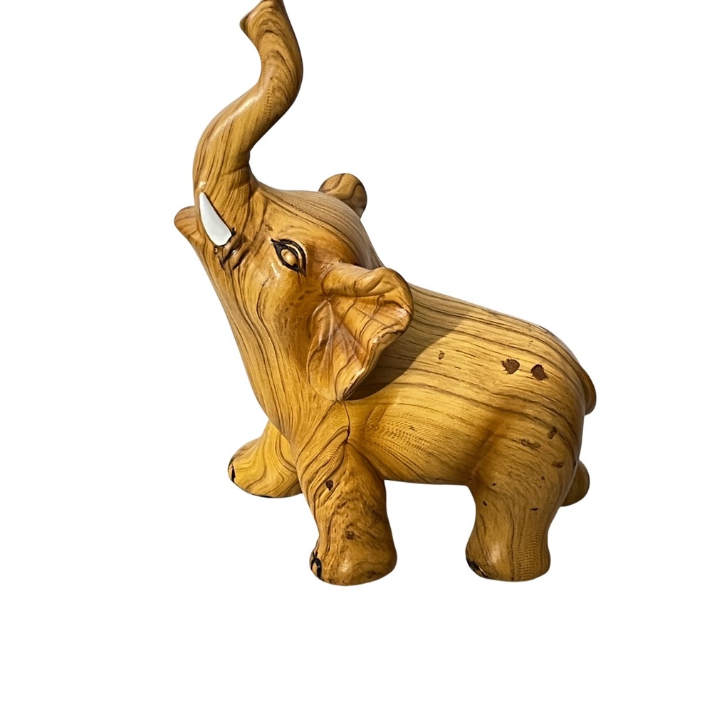 Vinatage Elephant Figurine Home Decor  Brown Faux Wood‎ Grain Trunk Up Luck